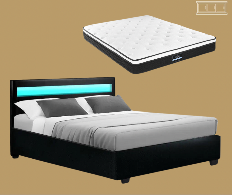 Queen (Black) RadianceLift LED Bed Frame | Elysian Dream Series Mattress | Combo