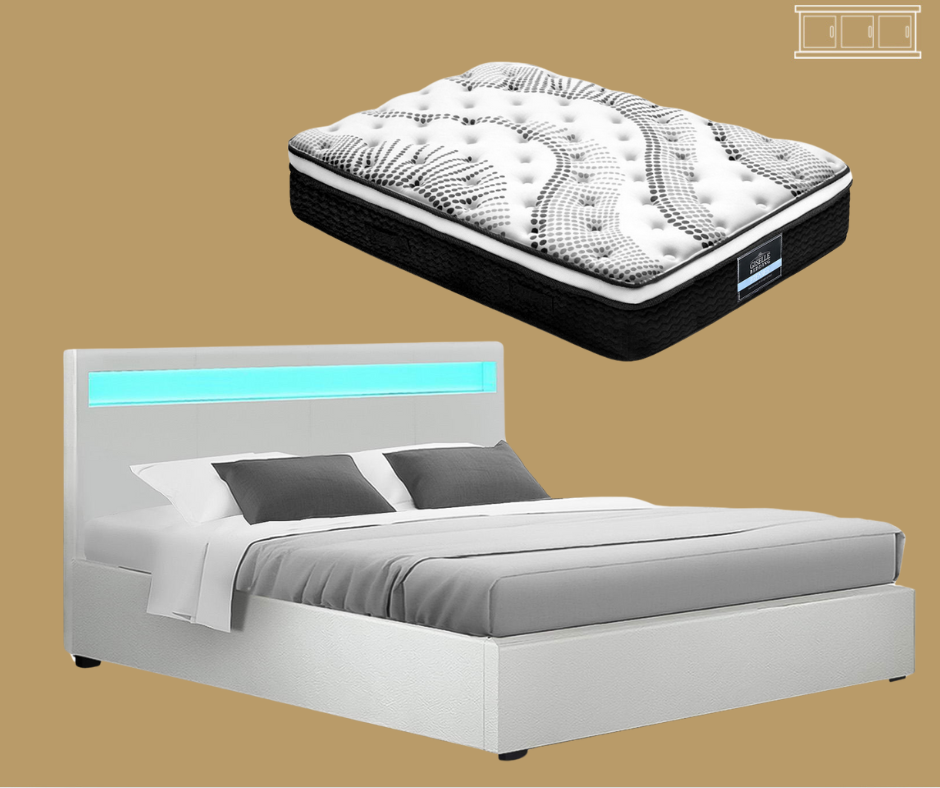 Queen (White) RadianceLift LED Bed Frame | Serenity Series Euro Top Mattress | Combo