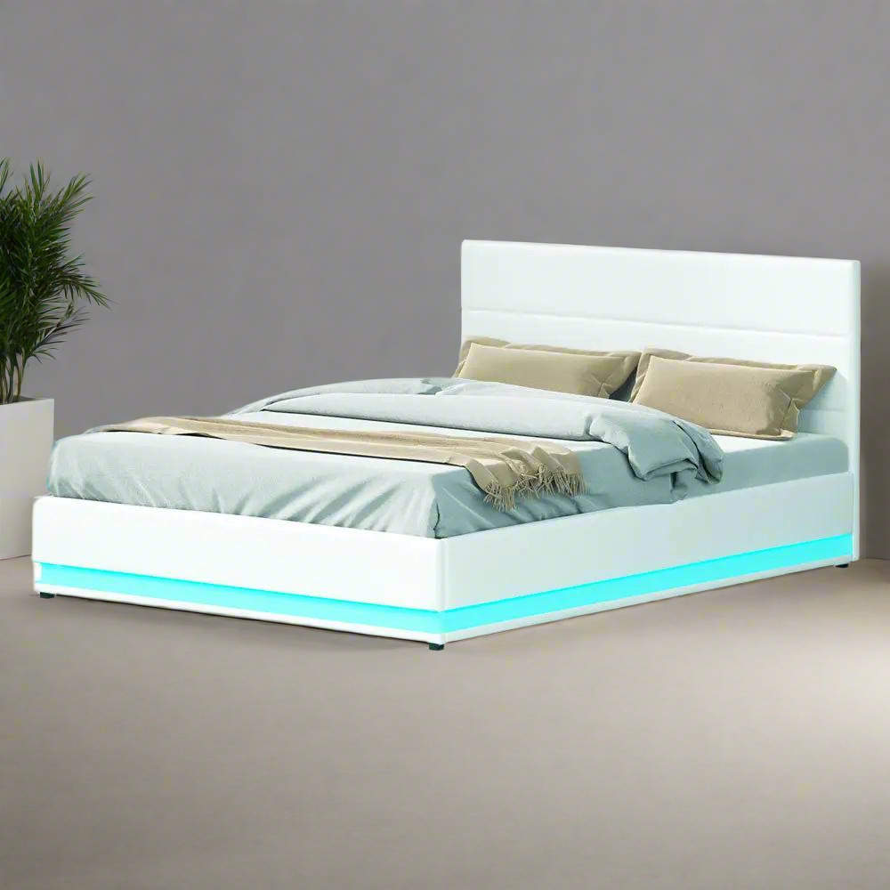 Queen (White) LED Gas Lift Bed Frame | LuxeLite