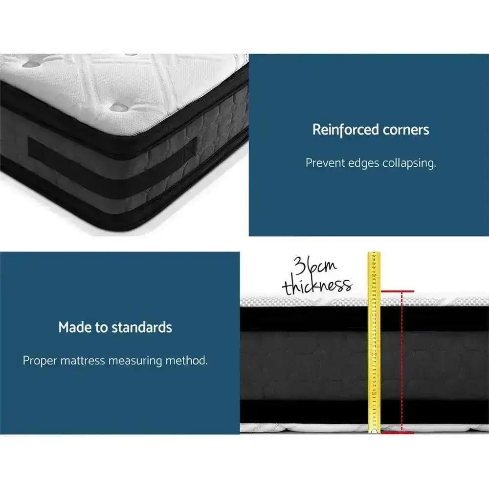 Queen LuxeLite (Black) LED Bed | 2 x LED Bedside Tables | Tranquil Bliss Series 7 Zone Hybrid Euro Top Mattress | Pillowtop Mattress Topper & 2 x Pillows | Mega Bundle