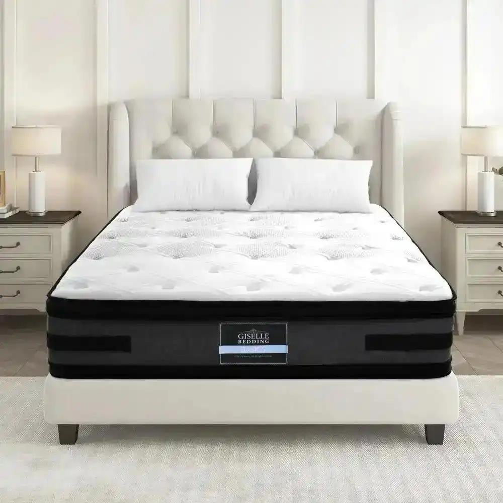 Queen LuxeLite (Black) LED Bed | 2 x LED Bedside Tables | Tranquil Bliss Series 7 Zone Hybrid Euro Top Mattress | Pillowtop Mattress Topper & 2 x Pillows | Mega Bundle