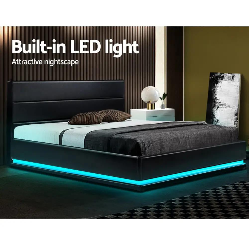 Queen LuxeLite (Black) LED Bed | 2 x LED Bedside Tables | Tranquil Bliss Series 7 Zone Hybrid Euro Top Mattress | Pillowtop Mattress Topper & 2 x Pillows | Mega Bundle