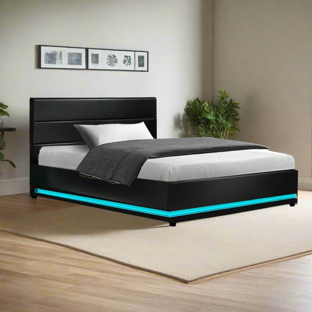 King Single (Black) LED Gas Lift Bed Frame | LuxeLite