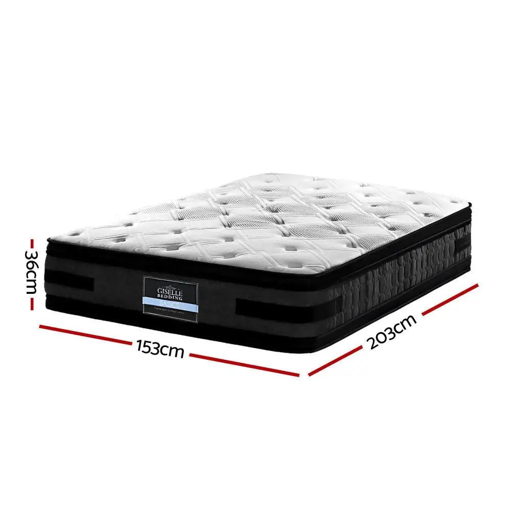 Queen LuxeLite (Black) LED Bed | 2 x LED Bedside Tables | Tranquil Bliss Series 7 Zone Hybrid Euro Top Mattress | Pillowtop Mattress Topper & 2 x Pillows | Mega Bundle