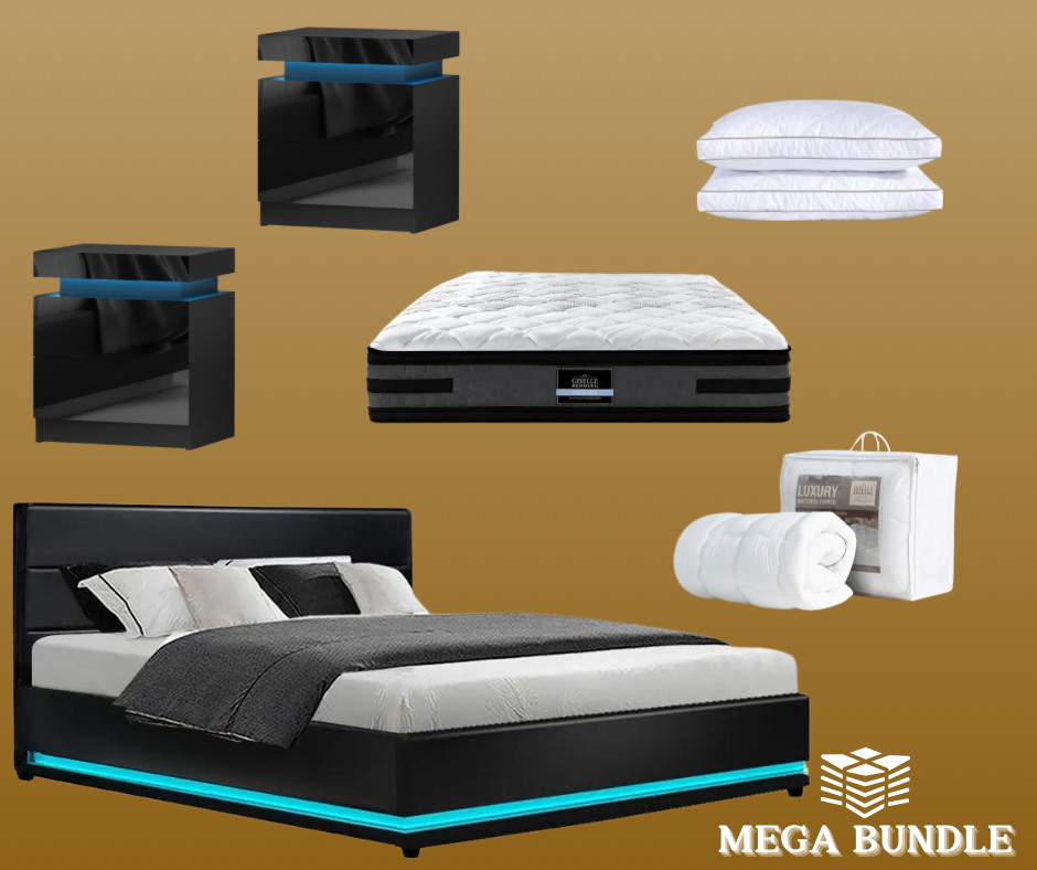 King LuxeLite (Black) LED Bed | 2 x LED Bedside Tables | Tranquil Bliss Series 7 Zone Hybrid Euro Top Mattress | Pillowtop Mattress Topper & 2 x Pillows | Mega Bundle