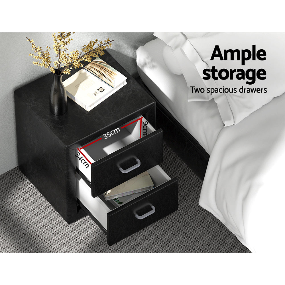 Caden Leather Bedside Table with 2 Drawers | Black