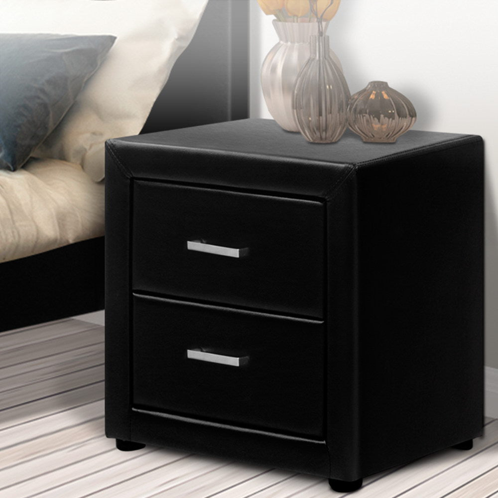 Caden Leather Bedside Table with 2 Drawers | Black