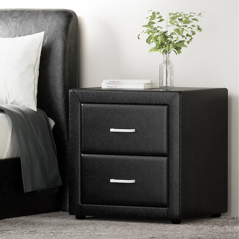 Caden Leather Bedside Table with 2 Drawers | Black