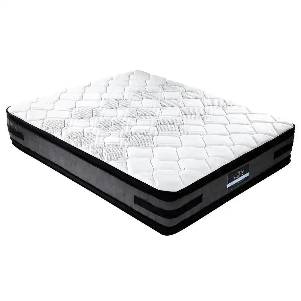 Queen LuxeLite (Black) LED Bed | 2 x LED Bedside Tables | Tranquil Bliss Series 7 Zone Hybrid Euro Top Mattress | Pillowtop Mattress Topper & 2 x Pillows | Mega Bundle