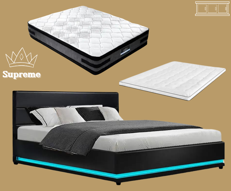 Queen (Black) Lumin LED Bed Frame | Tranquil Bliss Series Mattress & Pillowtop Mattress Topper | Supreme Package