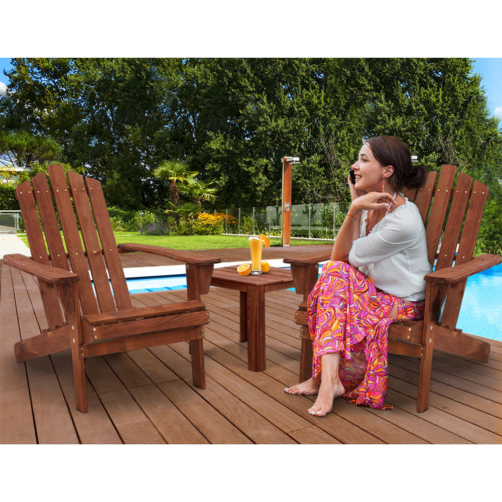 3PC Adirondack Outdoor Wooden Beach Chair with Table | Brown