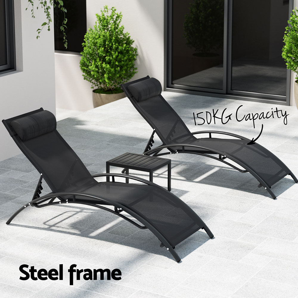 3PC Serenity Steel Sun Lounge with Table | Black