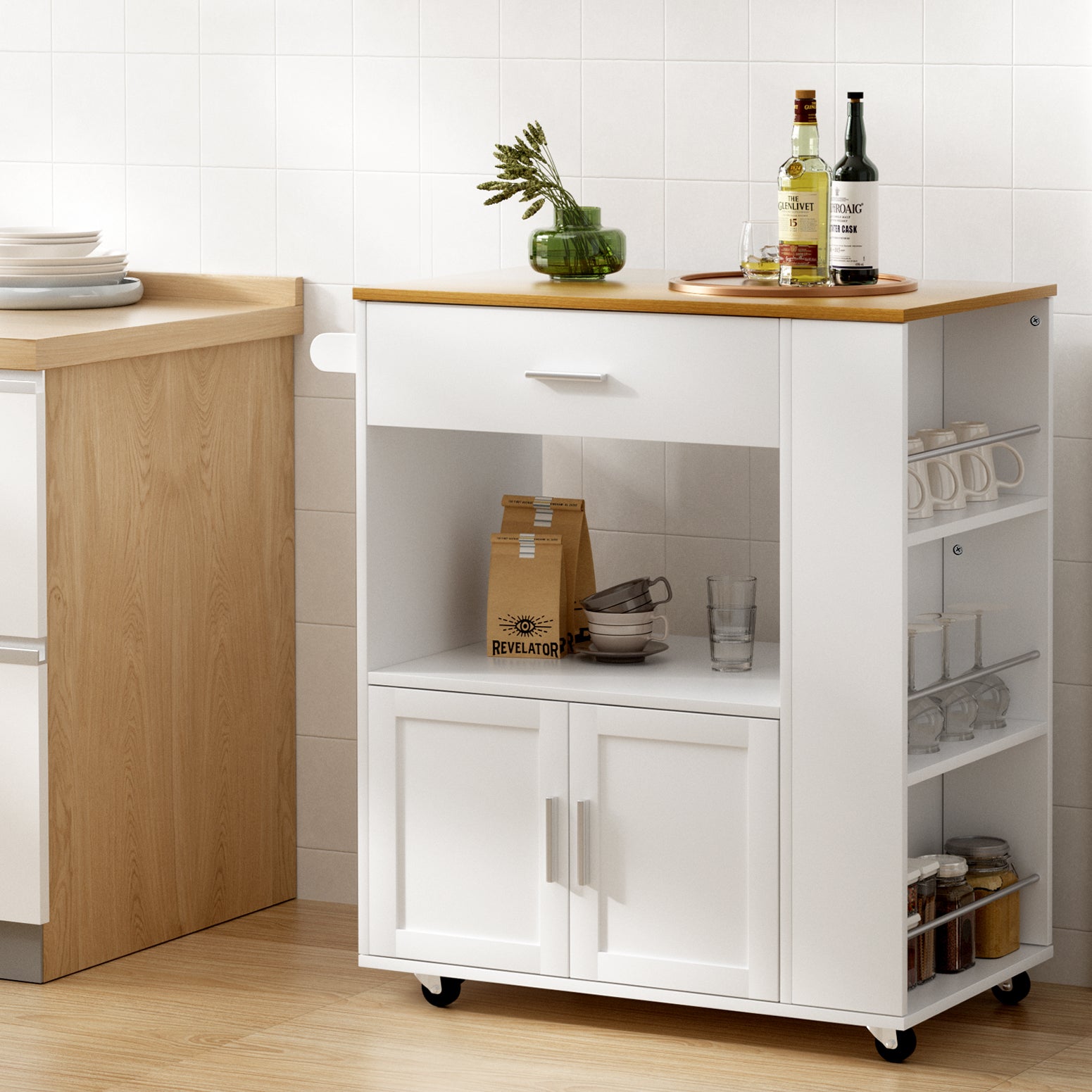 Mobile Kitchen Island | White and Pine