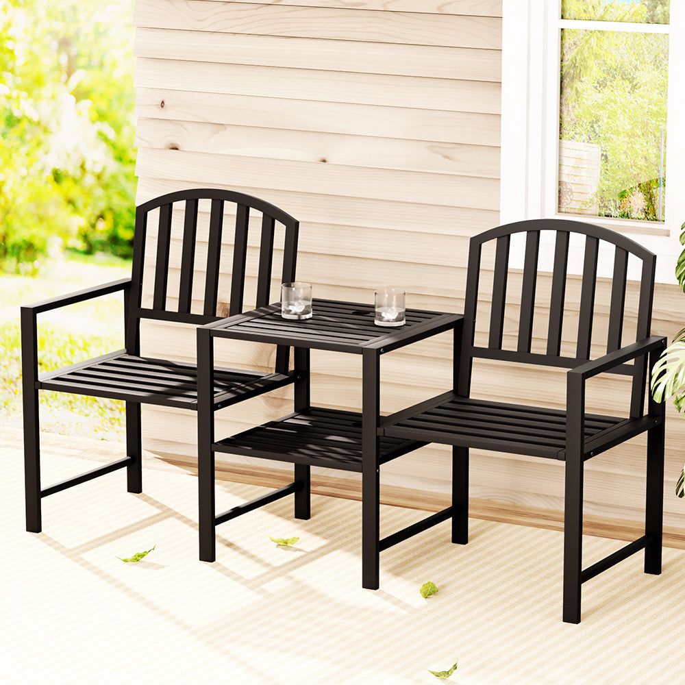 Outdoor Garden Bench Loveseat with Steel Table - Black