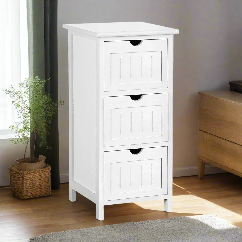 Rustic Elegance Bedside Table with 3 Drawers | White