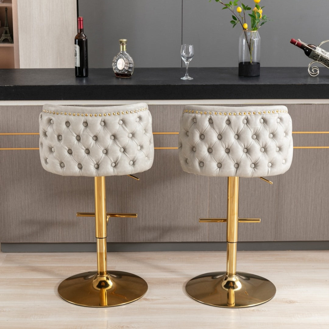 2x Faux Leather Golden Base Swivel Bar Stools | Beige