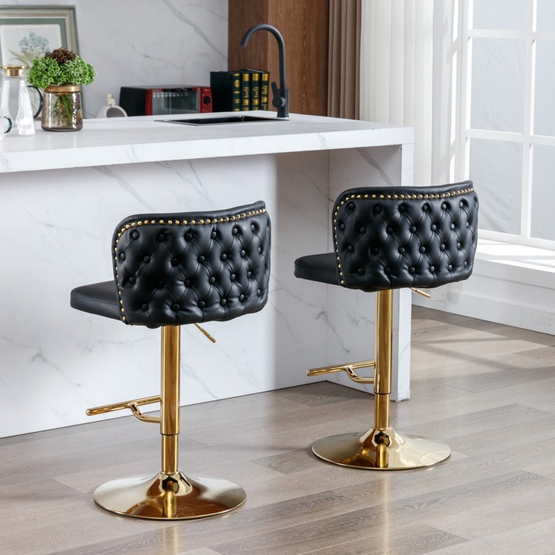 2x Faux Leather Golden Base Swivel Bar Stools | Black