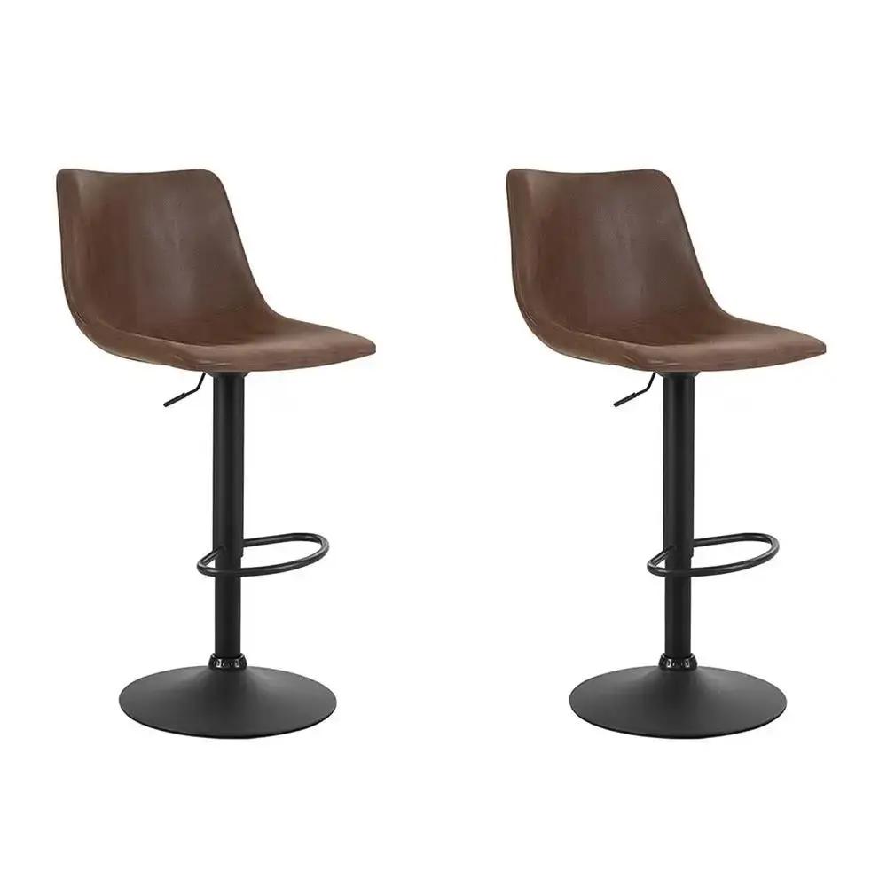 2x Vintage Leather Swivel Gas Lift Bar Stools | Brown