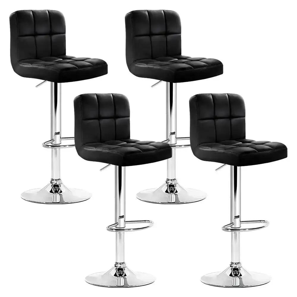 4x Checkered Leather Gas Lift Bar Stools | Black & Chrome