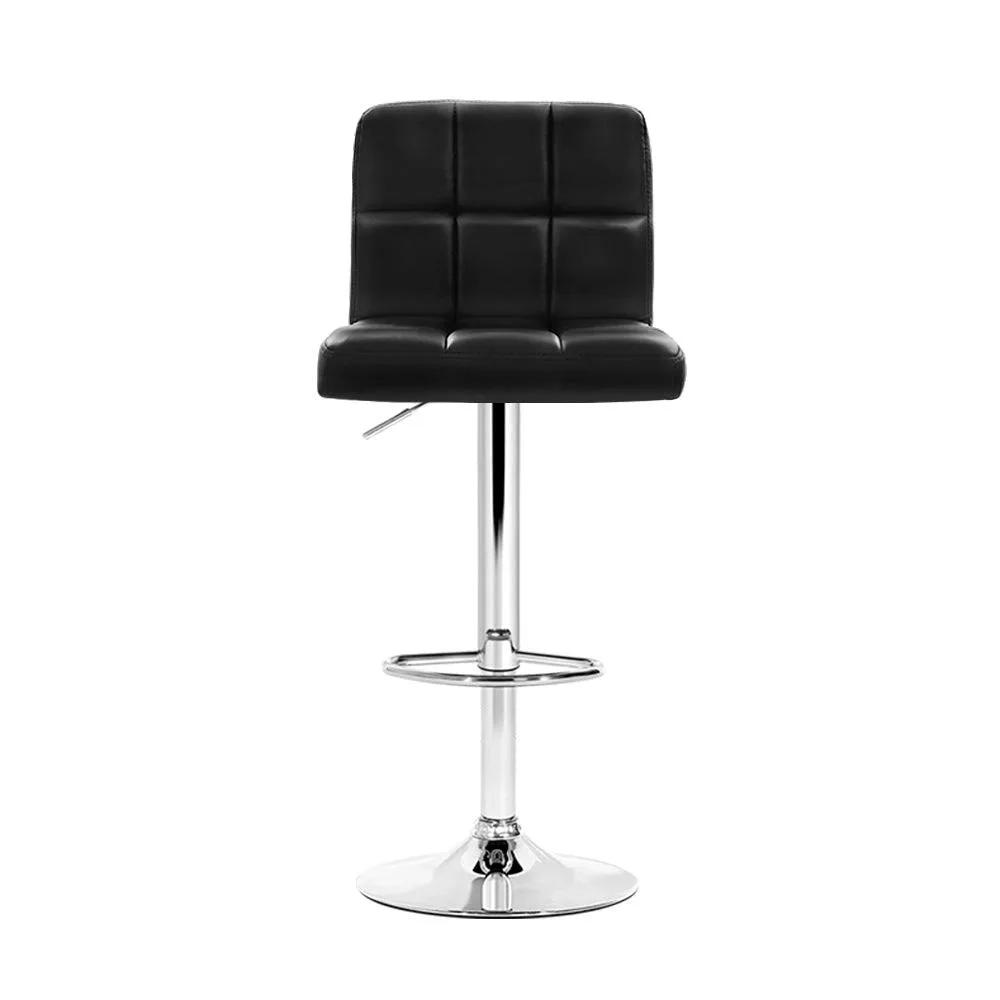 4x Checkered Leather Gas Lift Bar Stools | Black & Chrome