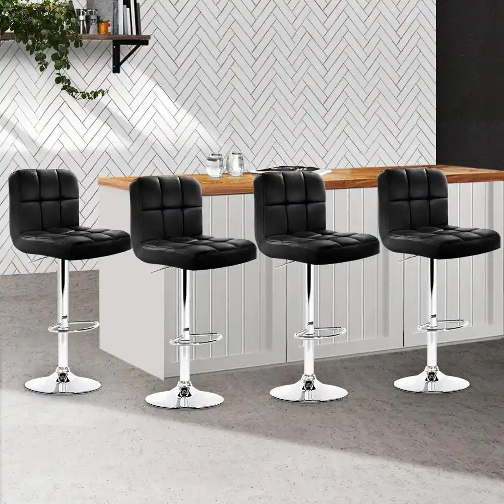 4x Checkered Leather Gas Lift Bar Stools | Black & Chrome