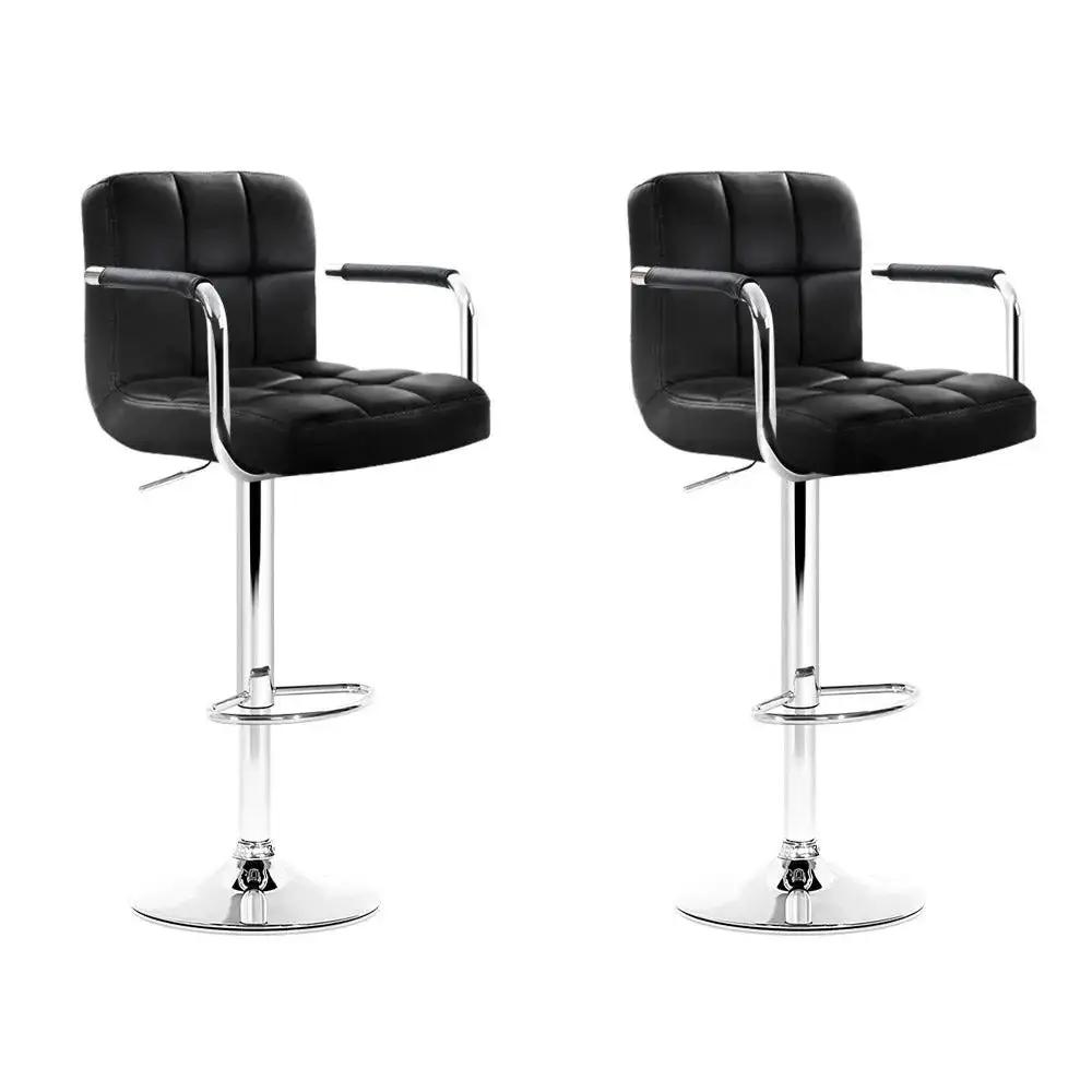 2x Leather Gas Lift Bar Stools with Armrest | Black