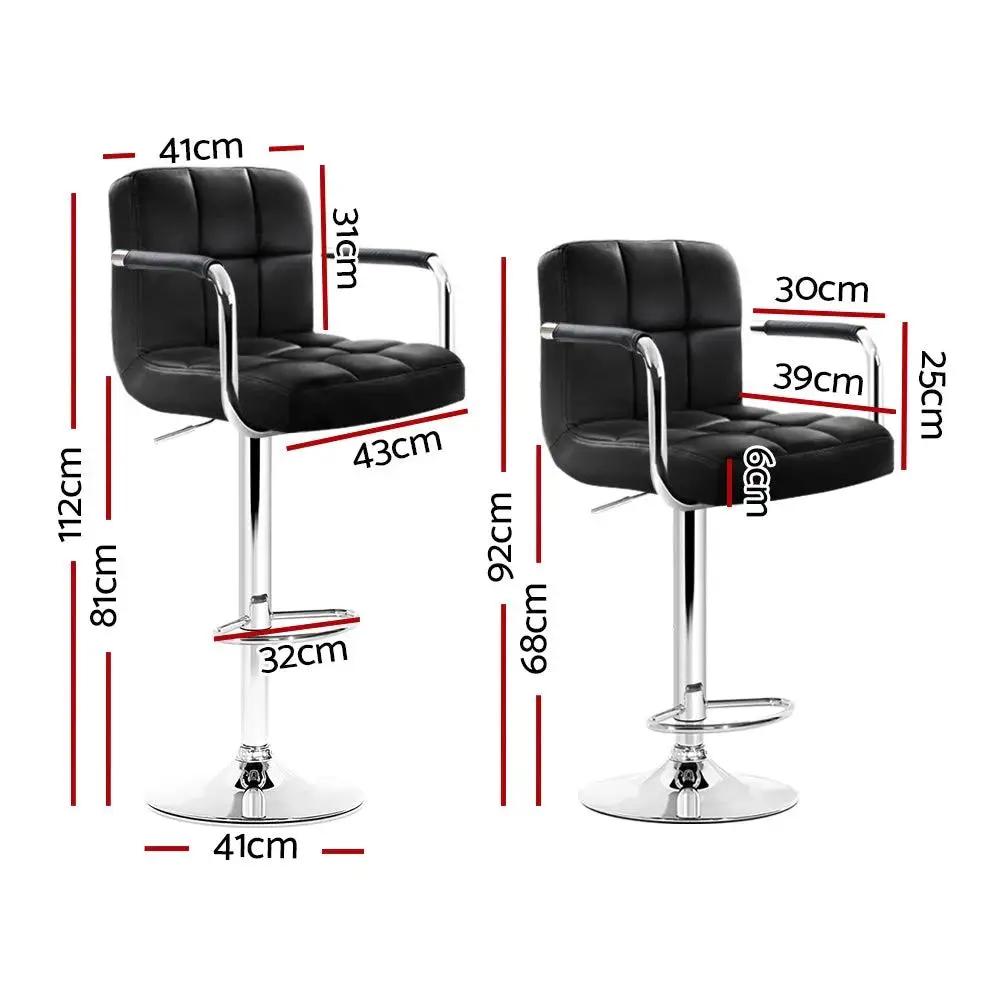 2x Leather Gas Lift Bar Stools with Armrest | Black