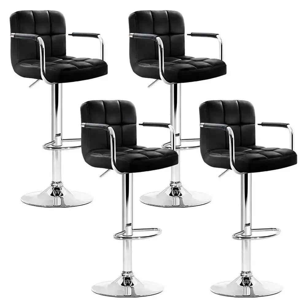 4x Checkered Leather Gas Lift Bar Stools with Arm Rests | Black