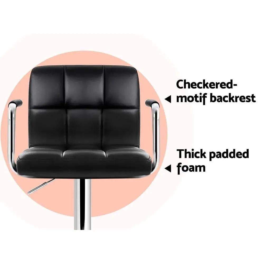 4x Checkered Leather Gas Lift Bar Stools with Arm Rests | Black