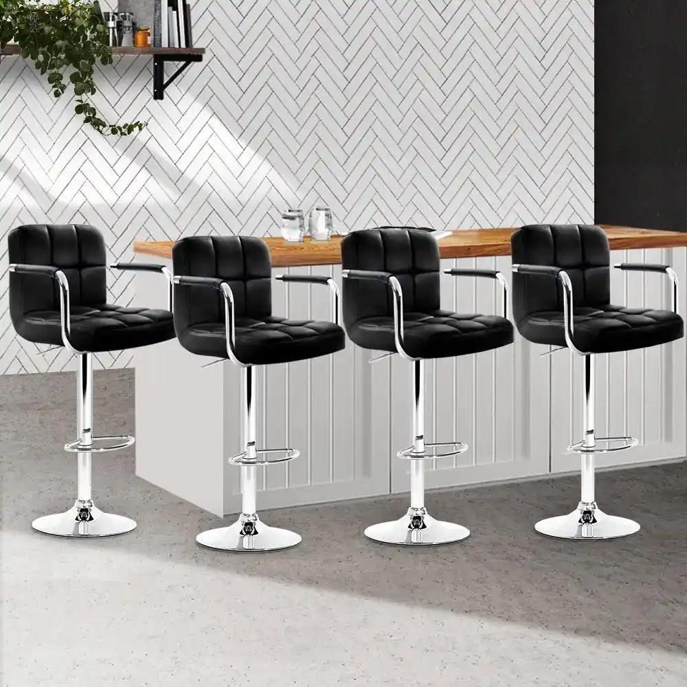 4x Checkered Leather Gas Lift Bar Stools with Arm Rests | Black