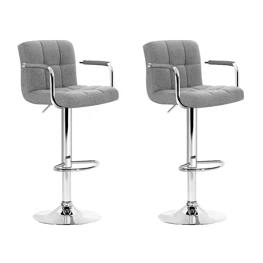 2x Checkered Linen Gas Lift Bar Stools with Armrest | Grey