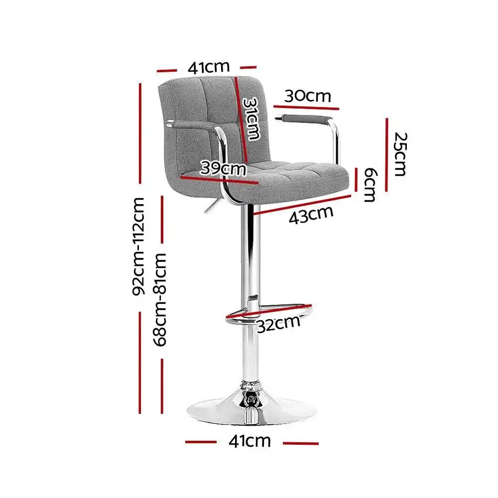 2x Bar Stools - Fabric Gas Lift w/Armrest Grey