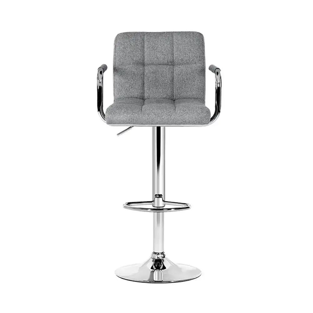 2x Checkered Linen Gas Lift Bar Stools with Armrest | Grey