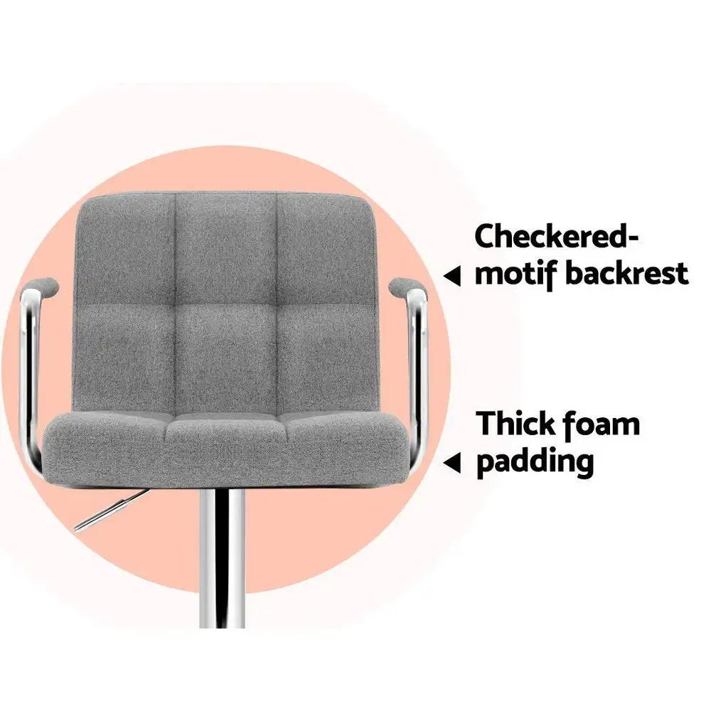 2x Checkered Linen Gas Lift Bar Stools with Armrest | Grey