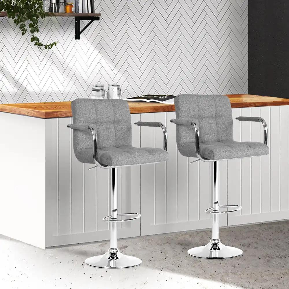 2x Checkered Linen Gas Lift Bar Stools with Armrest | Grey