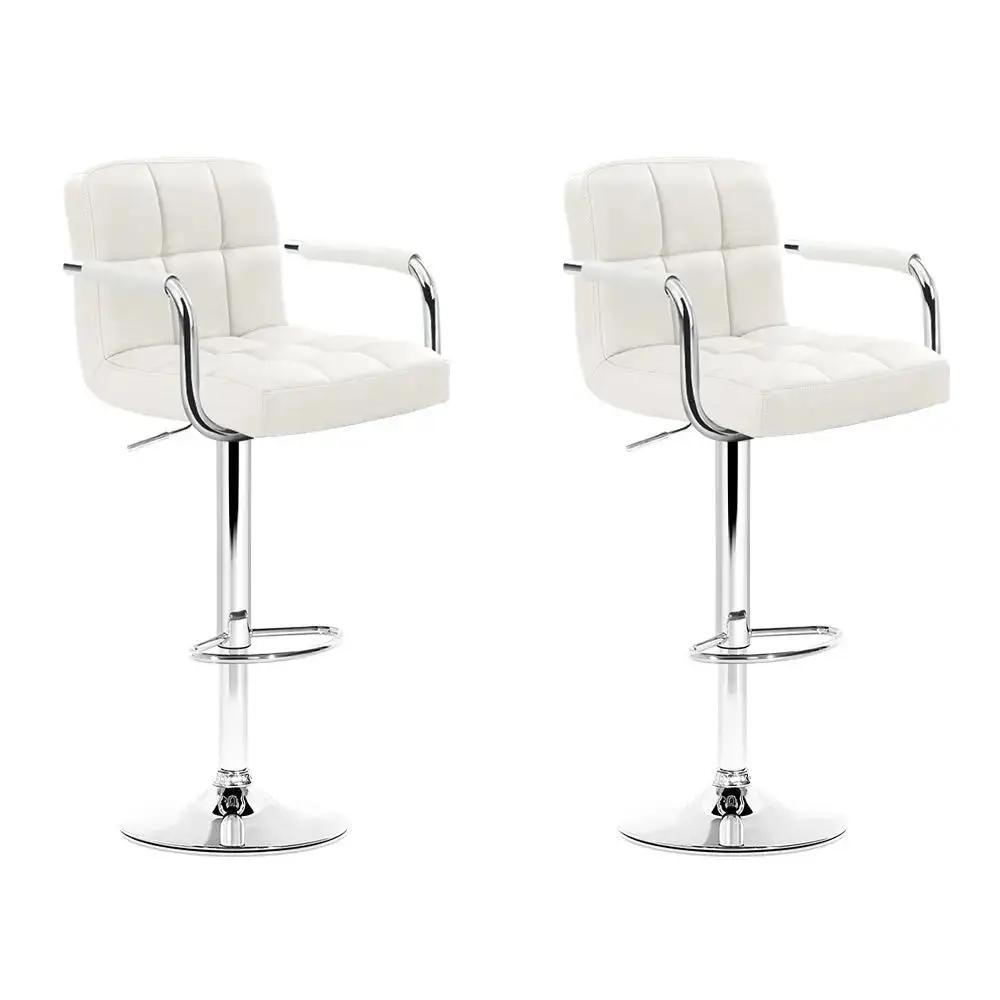 2x Checkered Leather Gas Lift Bar Stools with Arm Rests | White