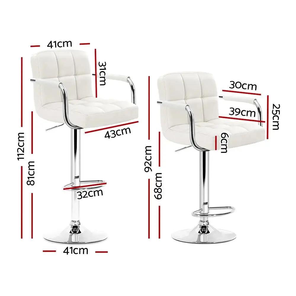 2x Checkered Leather Gas Lift Bar Stools with Arm Rests | White