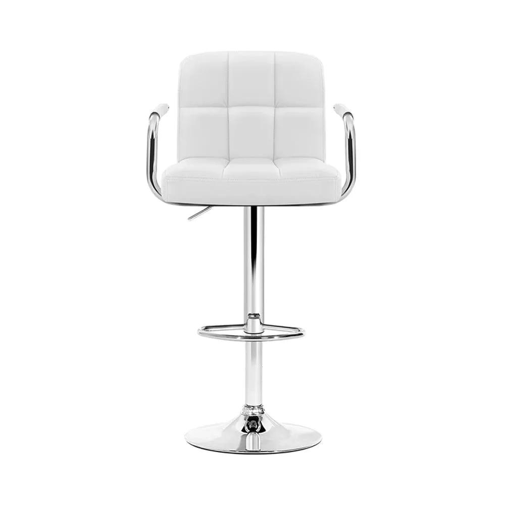 2x Checkered Leather Gas Lift Bar Stools with Arm Rests | White