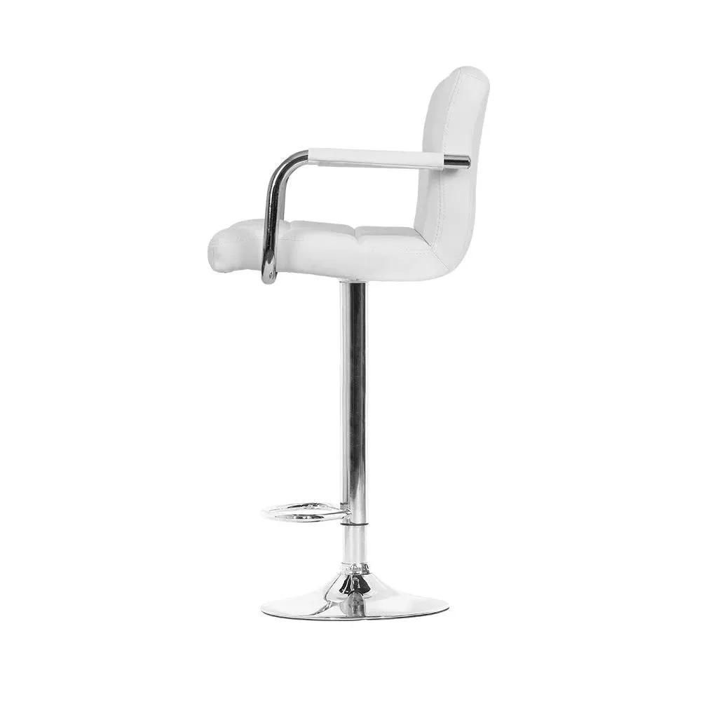 2x Checkered Leather Gas Lift Bar Stools with Arm Rests | White