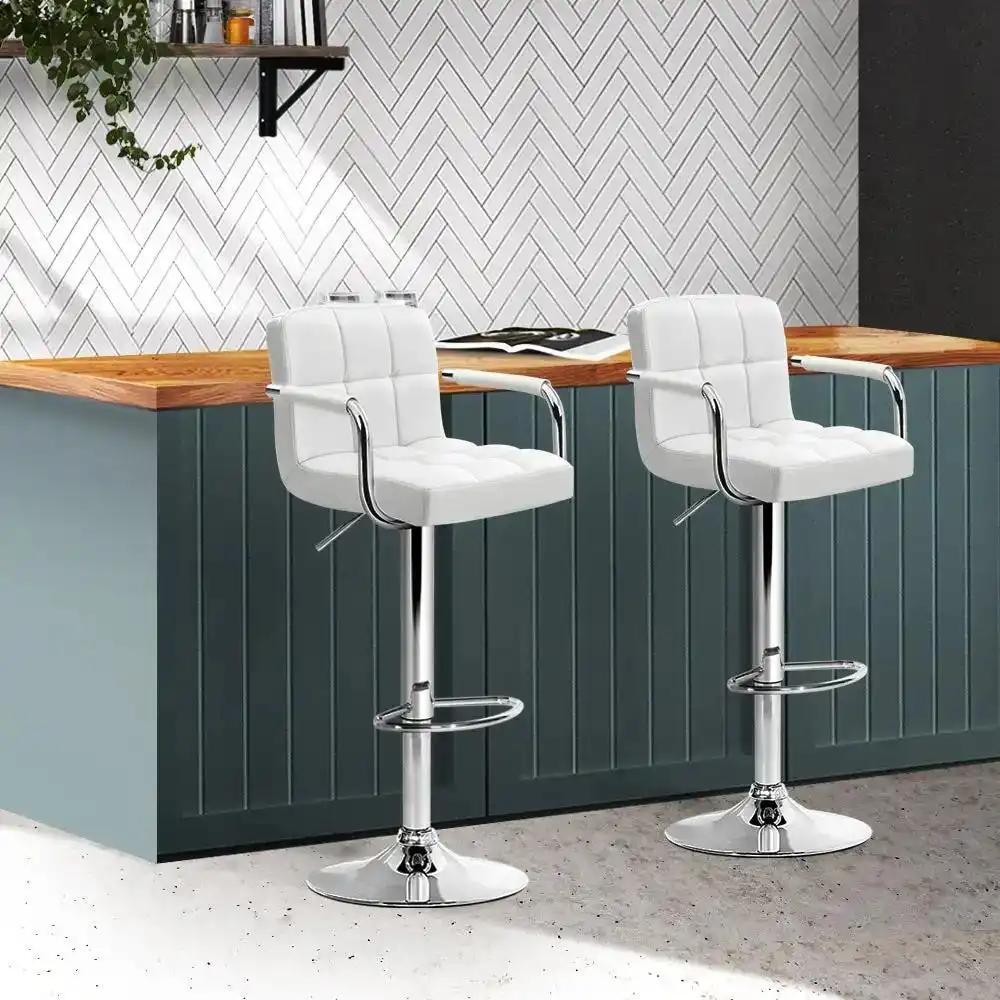 2x Checkered Leather Gas Lift Bar Stools with Arm Rests | White