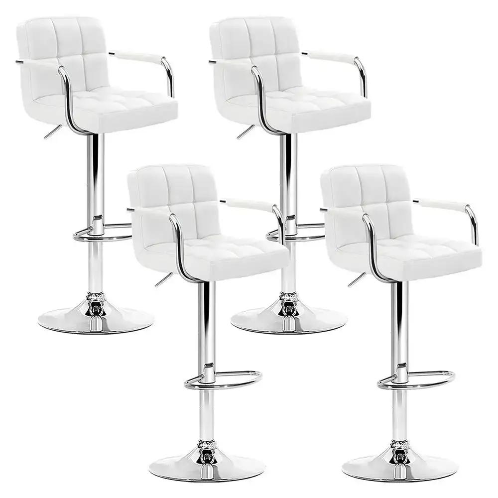 4x Checkered Leather Gas Lift Bar Stools with Arm Rests | White