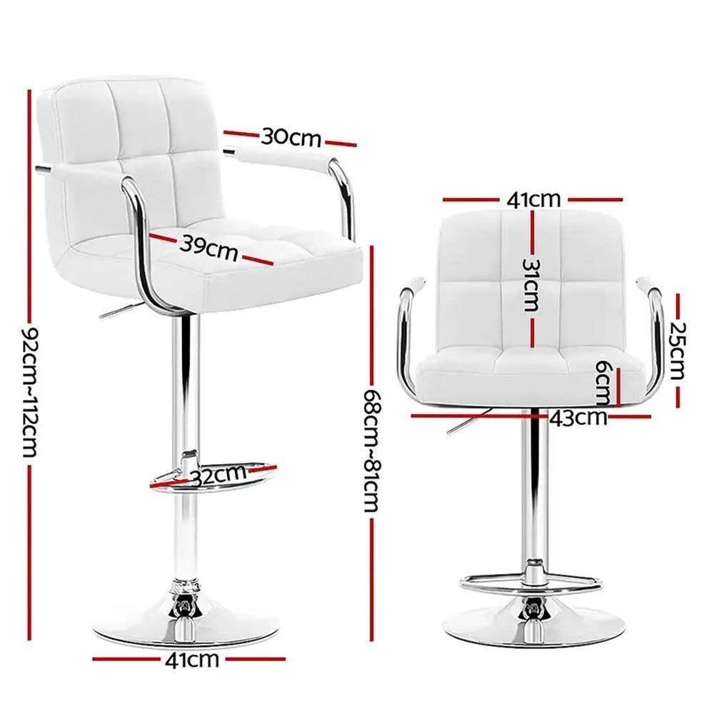 4x Checkered Leather Gas Lift Bar Stools with Arm Rests | White