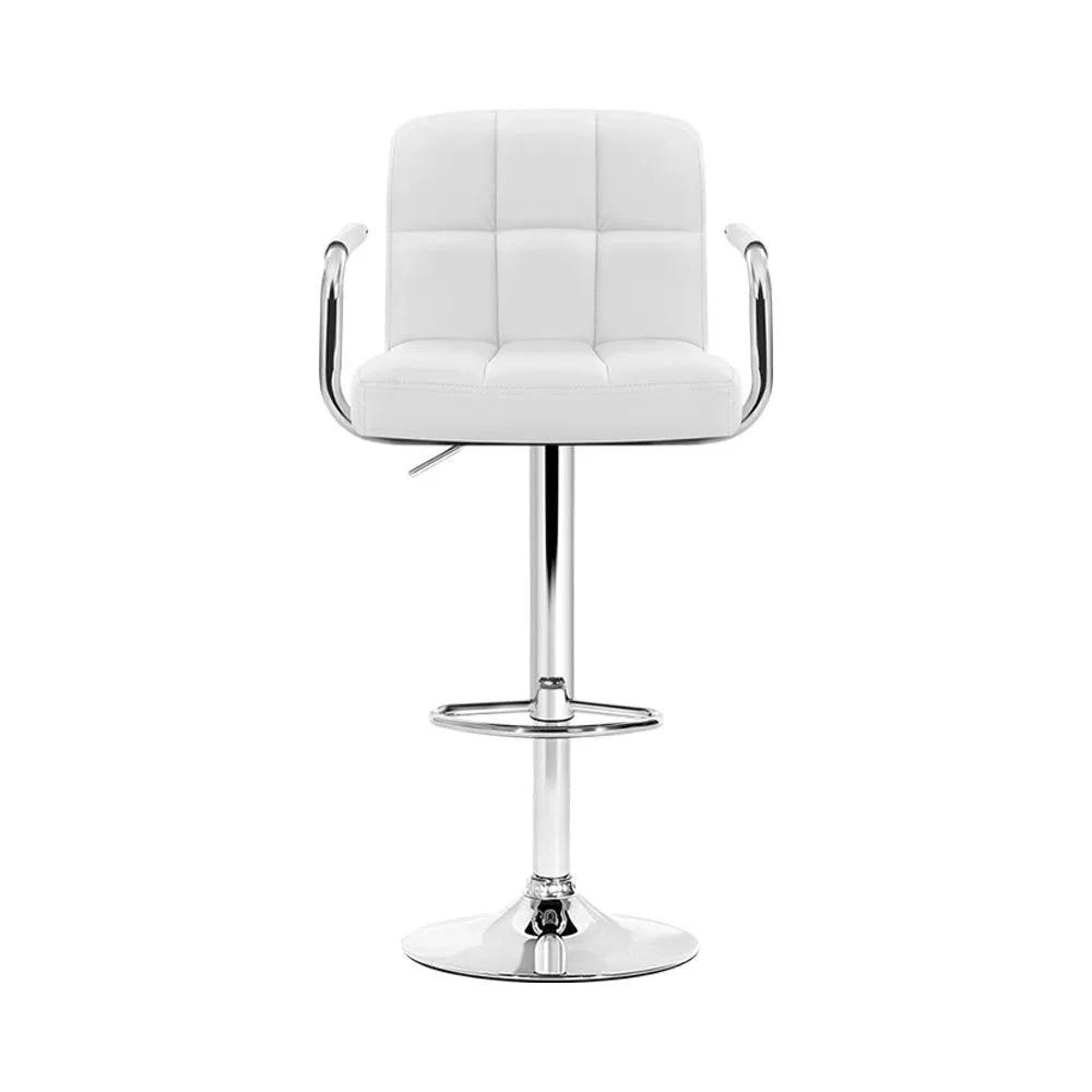 4x Checkered Leather Gas Lift Bar Stools with Arm Rests | White