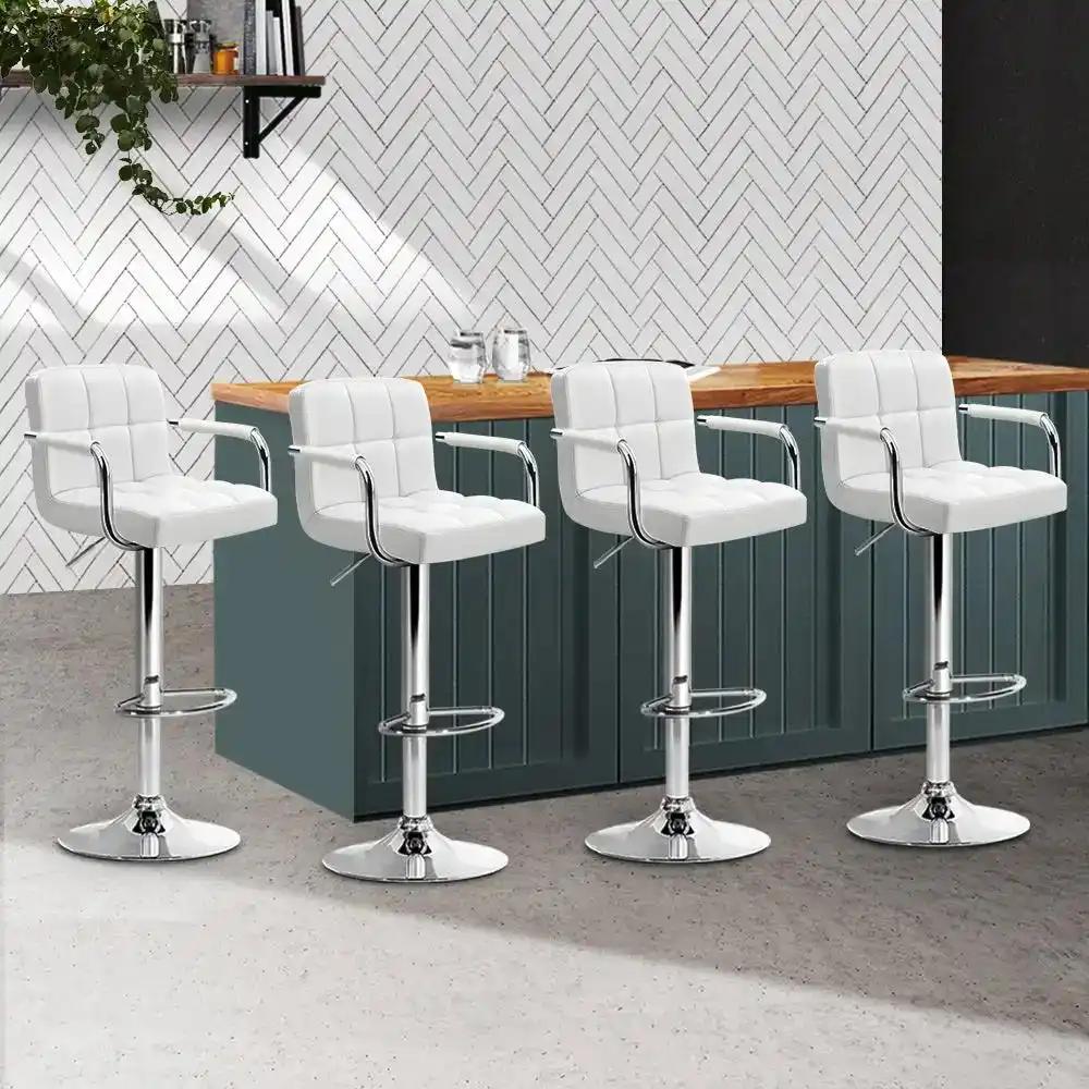 4x Checkered Leather Gas Lift Bar Stools with Arm Rests | White