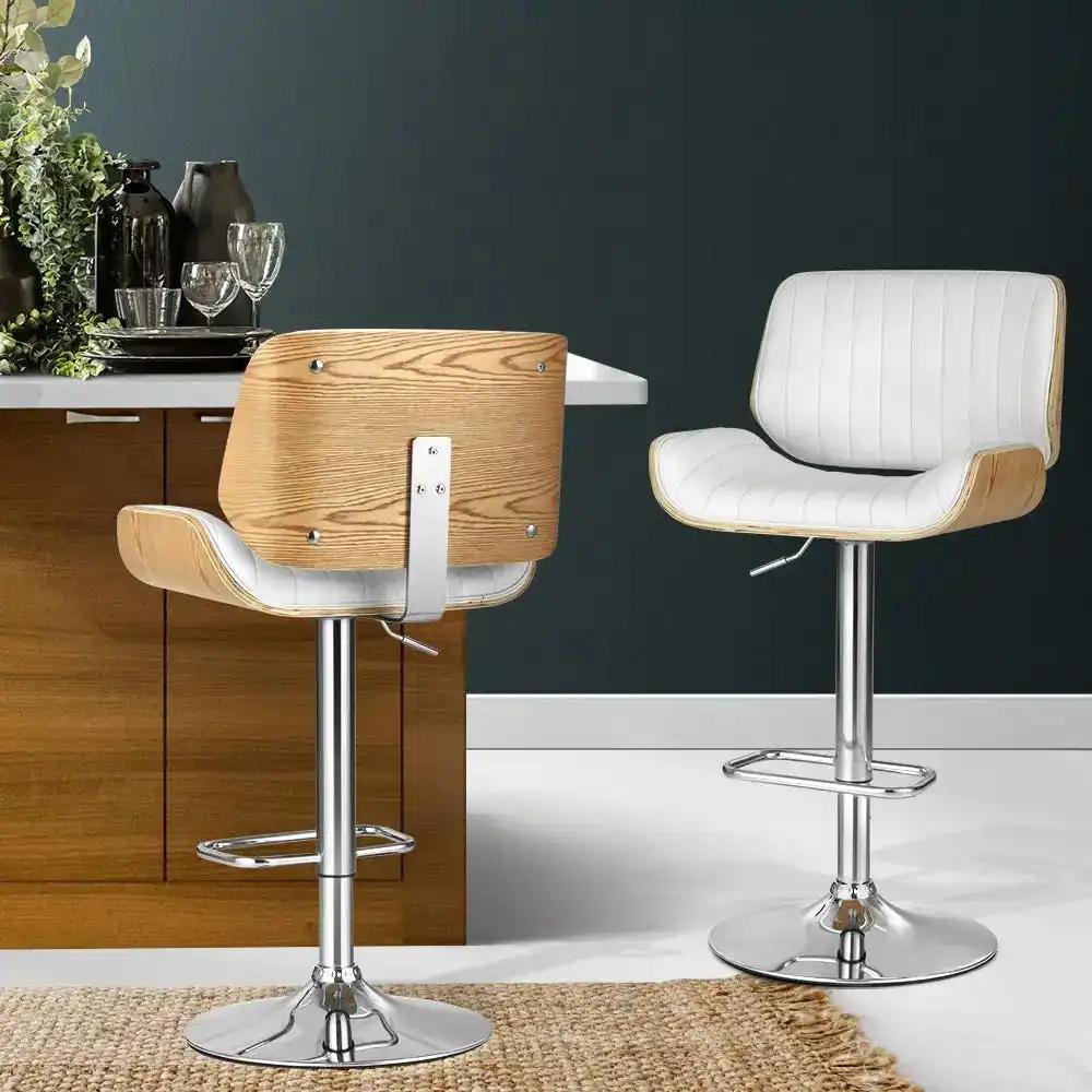 2x Bentwood Leather Gas Lift Bar Stools | White & Wood