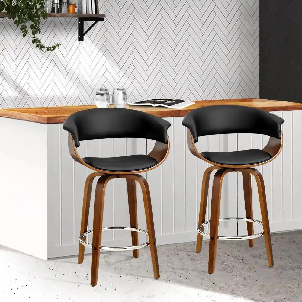 2x Swivel PU Leather & Wooden Bar Stools | Black & Wood