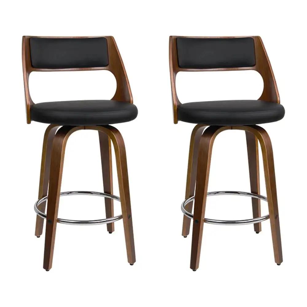 2x WoodLux Swivel Leather Wooden Bar Stools | Black & Wood