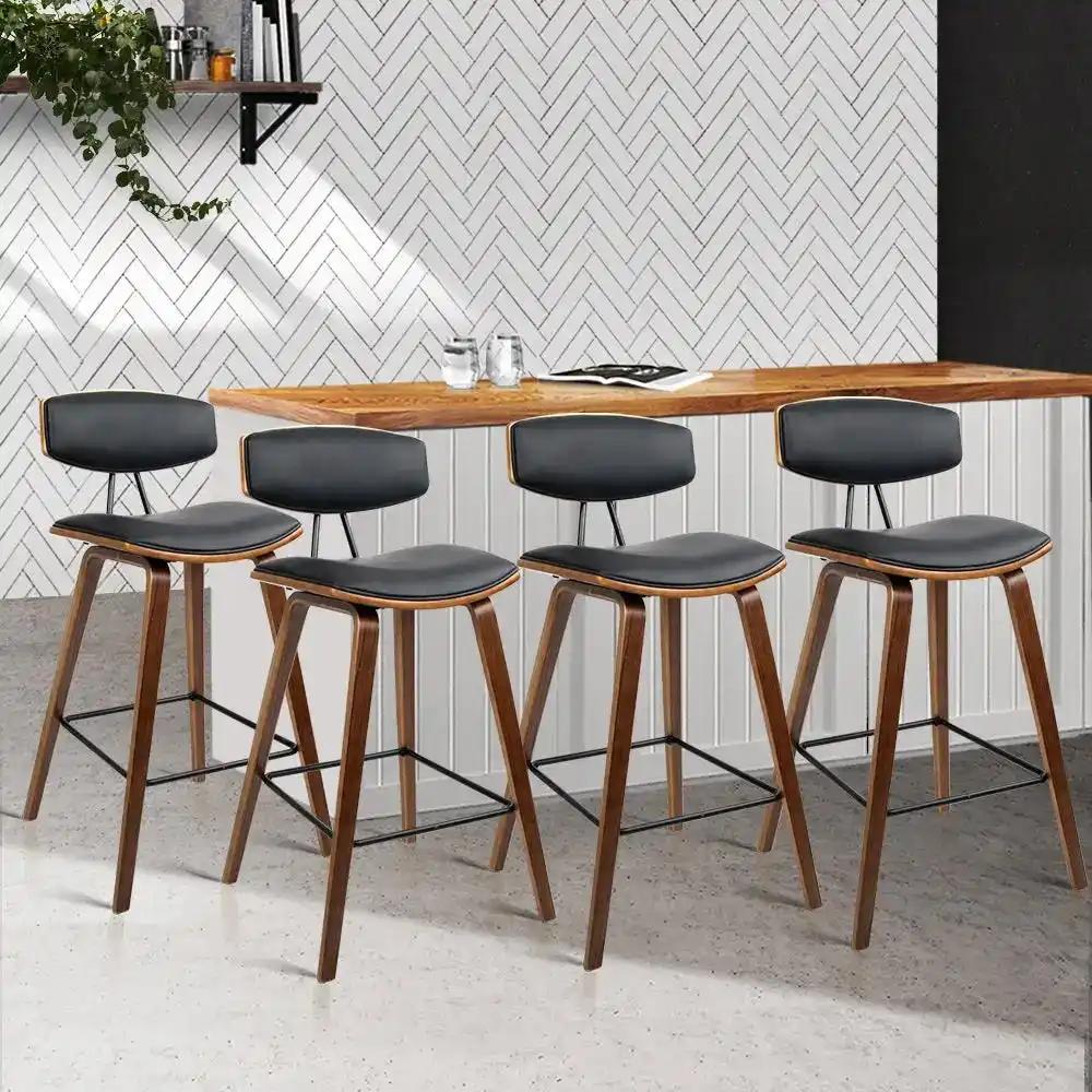 4x Mikan Leather Padded Bar Stools with Backrest | Black & Wood