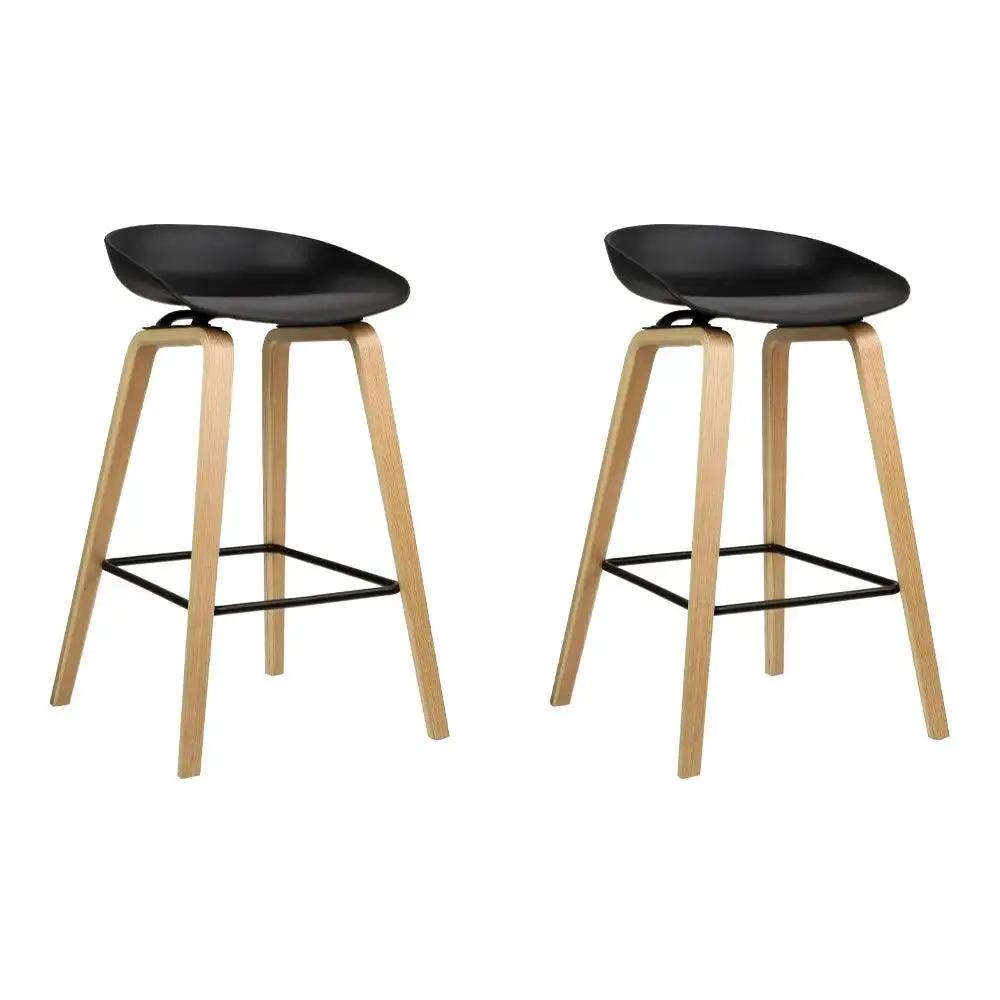 2x Bar Stools - Black with Wooden legs