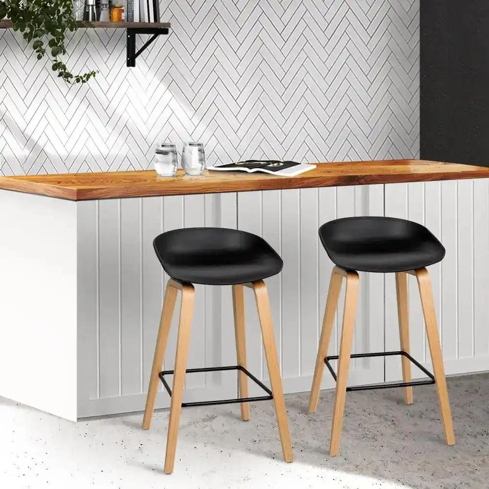 2x Plastic Bar Stools with Wooden Legs | Black